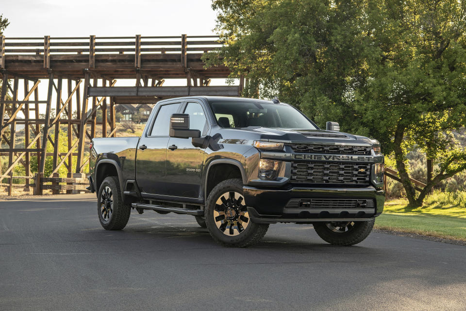 This undated photo provided by Chevrolet shows the 2020 Chevrolet Silverado 2500 HD. The Silverado 2500 HD gets a full makeover for 2020 and gains a more powerful gasoline V8 engine and a new 10-speed automatic transmission to go along with the diesel engine that makes 445 horsepower and 910 pound-feet of torque. (Jessica Lynn Walker/General Motors via AP)