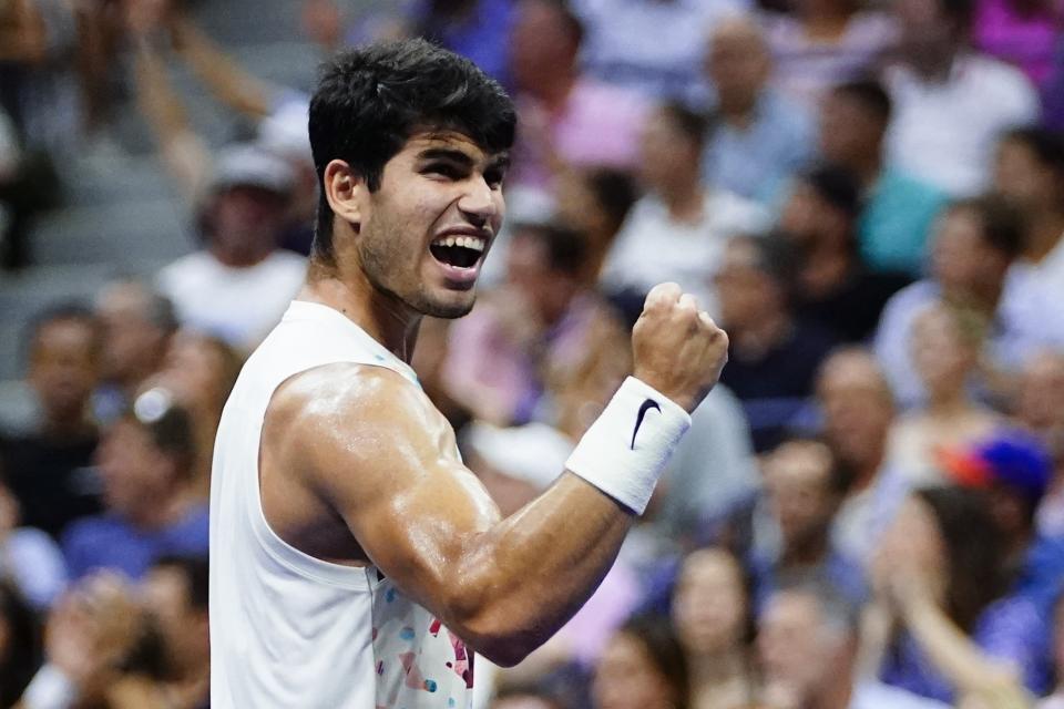 Carlos Alcaraz, of Spain, reacts against Alexander Zverev, of Germany, during the quarterfinals of the U.S. Open tennis championships, Wednesday, Sept. 6, 2023, in New York. (AP Photo/Frank Franklin II)