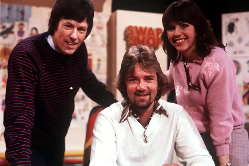 Noel Edmonds with John Craven and Maggie Philbin on Swap Shop