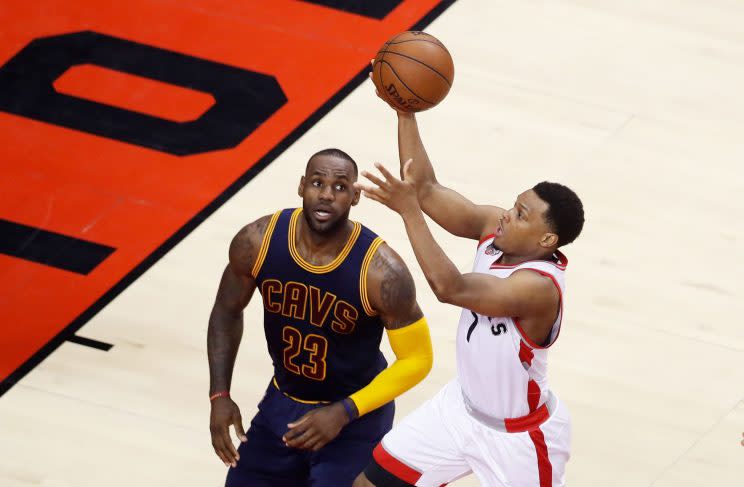 Lowry shoots over LeBron James during the Eastern Conference finals. (Getty Images)