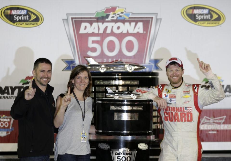 <em>Kelley Earnhardt Miller and her husband, L.W. Miller, celebrate Dale Jr.’s 2014 Daytona 500 win (JR Motorsports photo)</em>