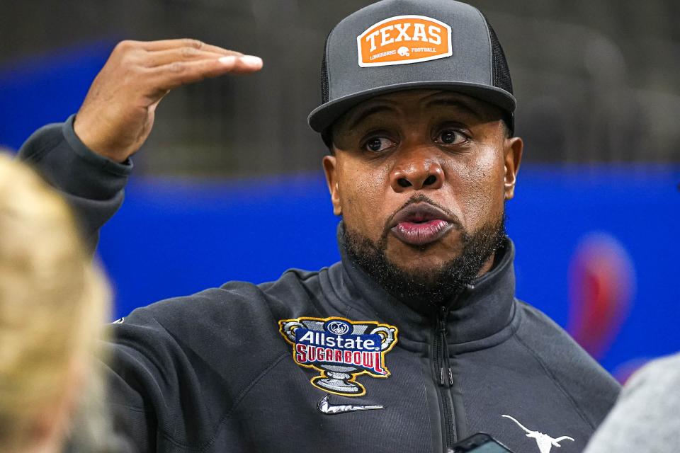 Texas Longhorns running backs coach Tashard Choice speaks to media at Texas media day at the Superdome on Dec. 30 in New Orleans. Choice has a reputation for developing and recruiting RBs with Bijan Robinson, Roschon Johnson, Jonathon Brooks and Keilan Robinson all being drafted into the NFL in the past two years.