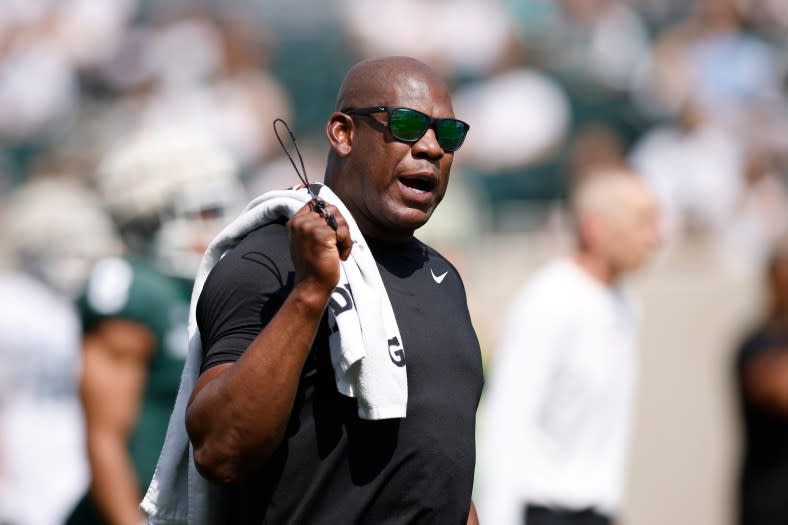 Michigan State coach Mel Tucker watches during an NCAA college football scrimmage, Saturday, April 15, 2023, in East Lansing, Mich. (AP Photo/Al Goldis)