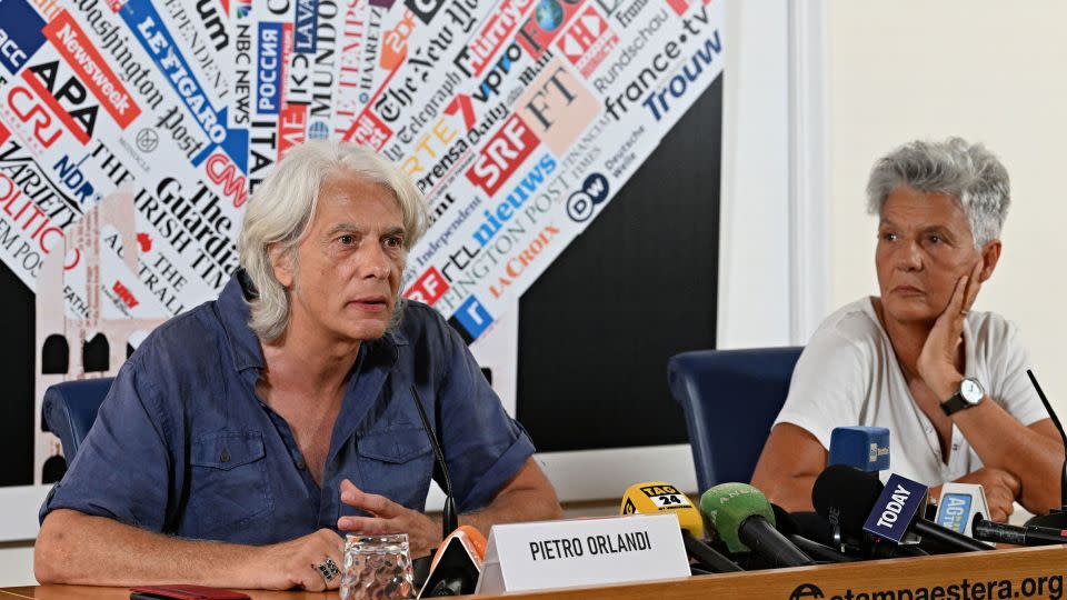 Pietro Orlandi (left) and Natalina Orlandi, siblings of Emanuela Orlandi, deliver a press conference regarding new developments in the case, at the Foreign Press Association in Rome, on July 11, 2023. - Andreas Solaro/AFP/Getty Images