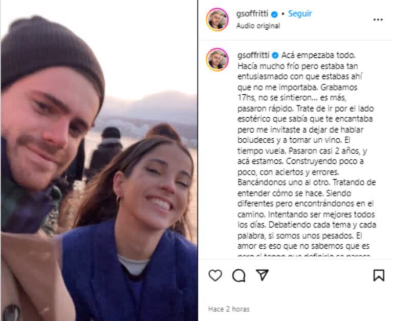 Gastón Soffritti le dedicó un romántico posteo a Cande Molfese en el Día de San Valentín (Foto: Instagram @gsoffritti)