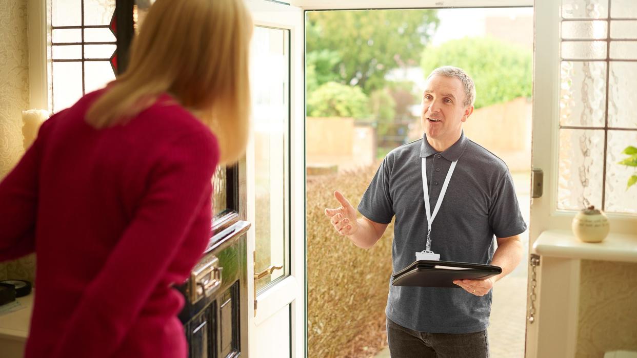 a tradesman or sales man call on a householder to ask if she needs his services.