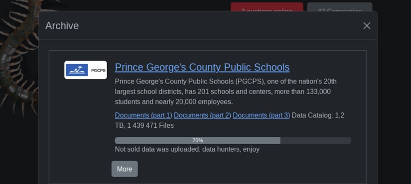 Data purportedly stolen from the school district in Prince George’s County, Maryland, was uploaded to the Rhysida ransomware gang’s dark web leak site Tuesday after the school system fell victim to a cyberattack. (Screenshot)