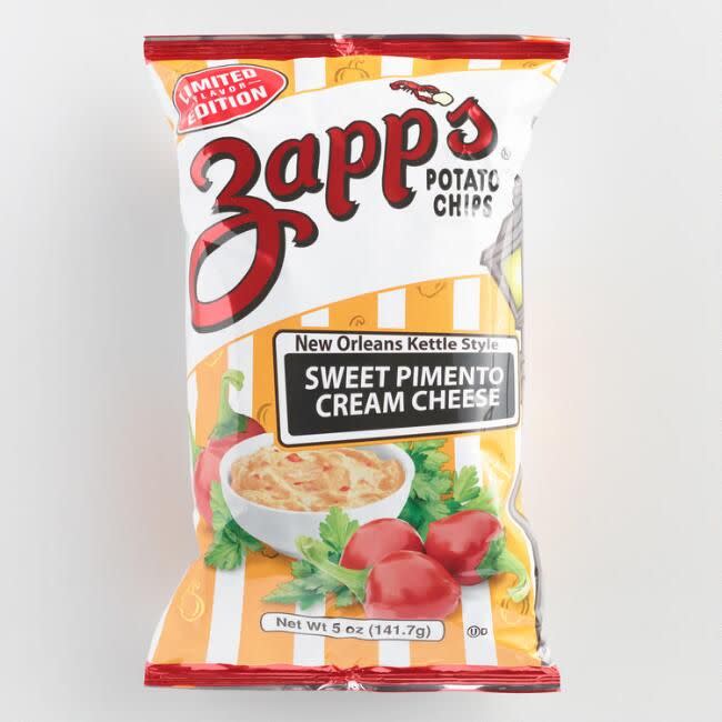 <p>Though "sweet pimento cream cheese" sounds like something you say when you don't want to curse, people swear by these <a href="https://www.amazon.com/Zapps-Sweet-Pimento-Cheese-Potato/dp/B01IYIYCRG?tag=syn-yahoo-20&ascsubtag=%5Bartid%7C10063.g.26799624%5Bsrc%7Cyahoo-us" rel="nofollow noopener" target="_blank" data-ylk="slk:limited-edition chips;elm:context_link;itc:0;sec:content-canvas" class="link ">limited-edition chips</a> from Zapp's.</p>