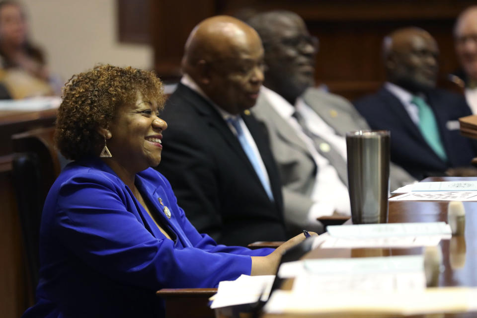 South Carolina Sen. Tameika Isaac Devine, D-Columbia, listens before she is sworn in as a new state senator on Tuesday, Jan. 9, 2024. (AP Photo/Jeffrey Collins)