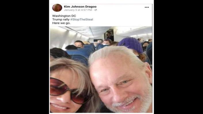 Kimberly Dragoo’s now-deleted Facebook post on Jan. 5, 2021, showing a picture of her and her husband, Steven, on a plane headed to Washington, D.C., to attend the “Stop the Steal” rally. Evidence photo