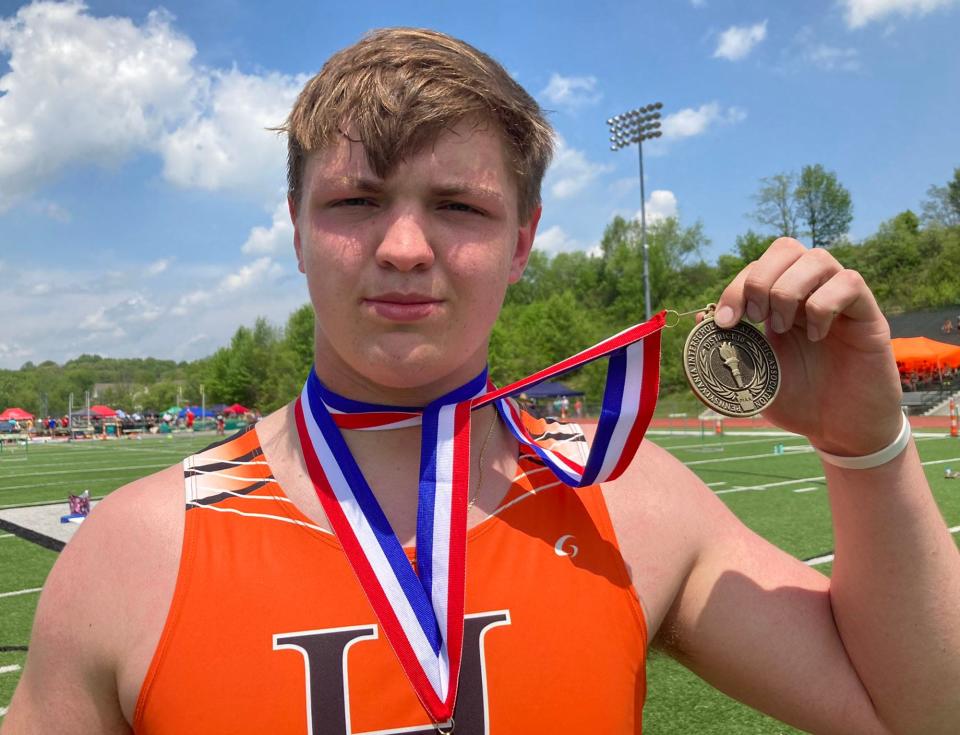 Harbor Creek's Nick Krahe won the Class 3A shot put in the District 10 track and field championships at Slippery Rock University on Saturday, May 21, 2022.