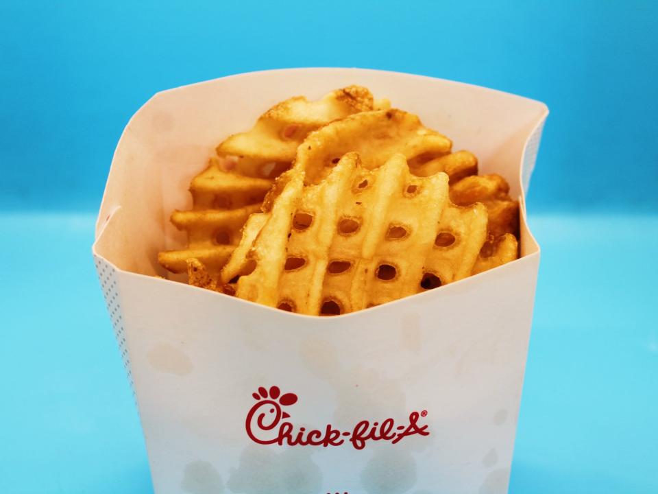 chick fil a chicken fries on a blue background