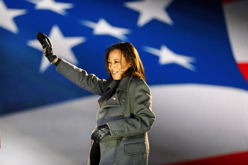 Philadelphia, Pennsylvania-Nov. 2, 2020-Senator Kamala Harris addresses supporters at the drive- rally Monday night, Nov.2, 2020 at Citizens Bank Park parking lot in Philadelphia, Pennsylvania. (Carolyn Cole / Los Angeles Times)