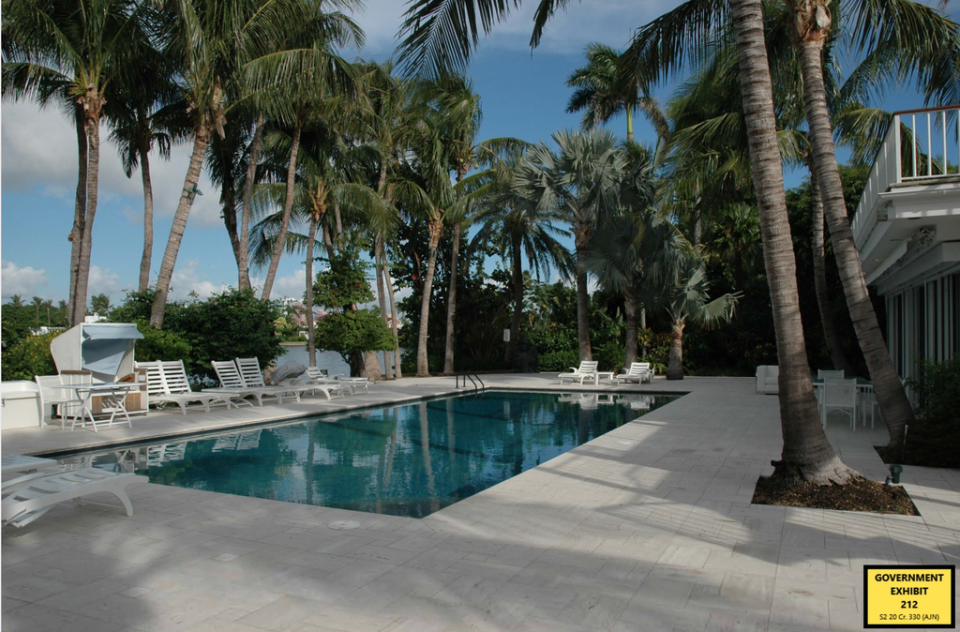 The outdoor pool at Epstein’s Palm Beach mansion. Kate testified she dressed in a schoolgirl’s outfit to give him a sexualised massage (US District Attorney’s Office)