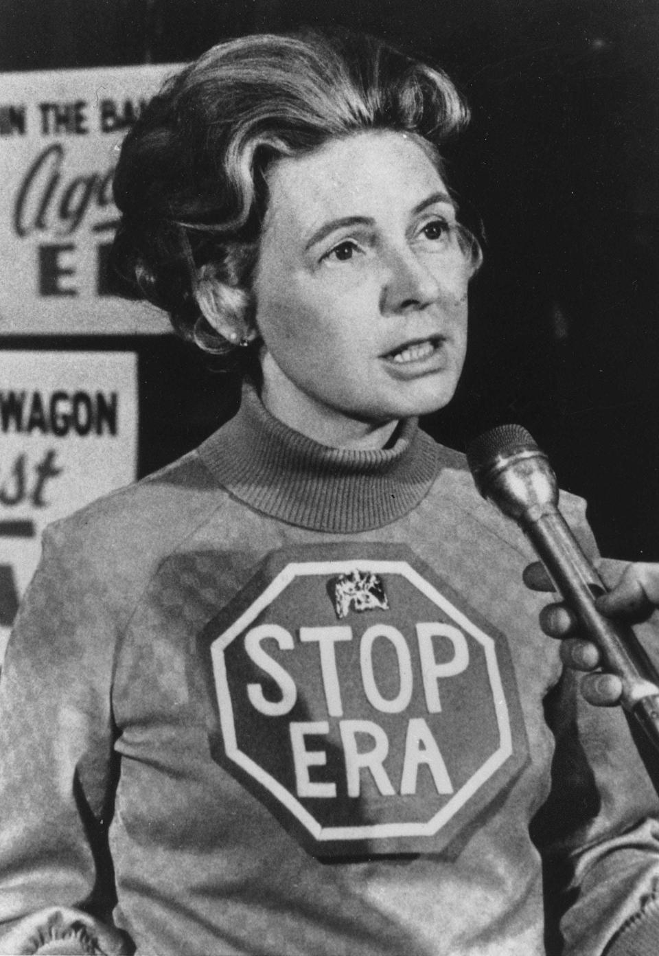 Phyllis Schlafly spearheads a nationwide campaign to stop the Equal Rights Amendment in January 1977.