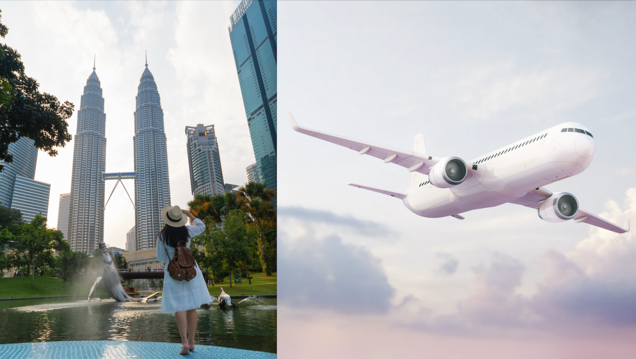 A composite image of a tourist in front of the Kuala Lumpur twin towers and an airplane.