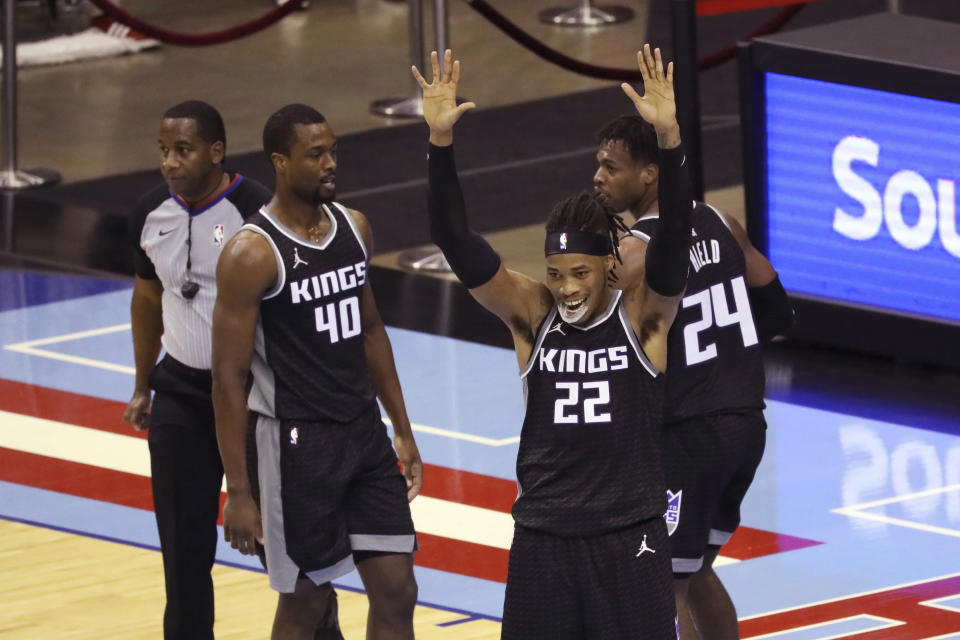 Sacramento Kings forward Richaun Holmes reacts after being called for a foul against the Houston Rockets during the first half of an NBA basketball game Thursday, Dec. 31, 2020, in Houston. (AP Photo/Richard Carson)