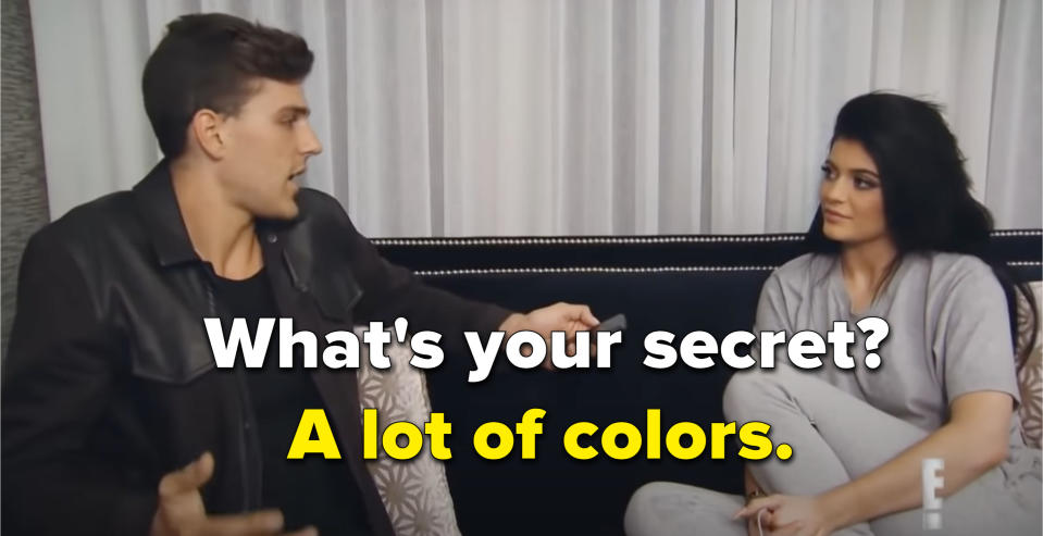 An interviewer asking "What's your secret?" to which Kylie replies, "A lot of colors"