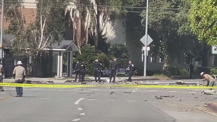 Officers with the Pasadena Police Department were on the scene after a fatal crash, which killed three people and seriously injured three others.  The victims are believed to be aged between 17 and 22.  The accident occurred on May 11, 2024. (KTLA)