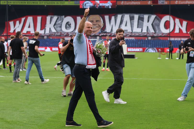Arne Slot of Feyenoord saying goodbye to the supporters during the Dutch Eredivisie match between Feyenoord and Excelsior.