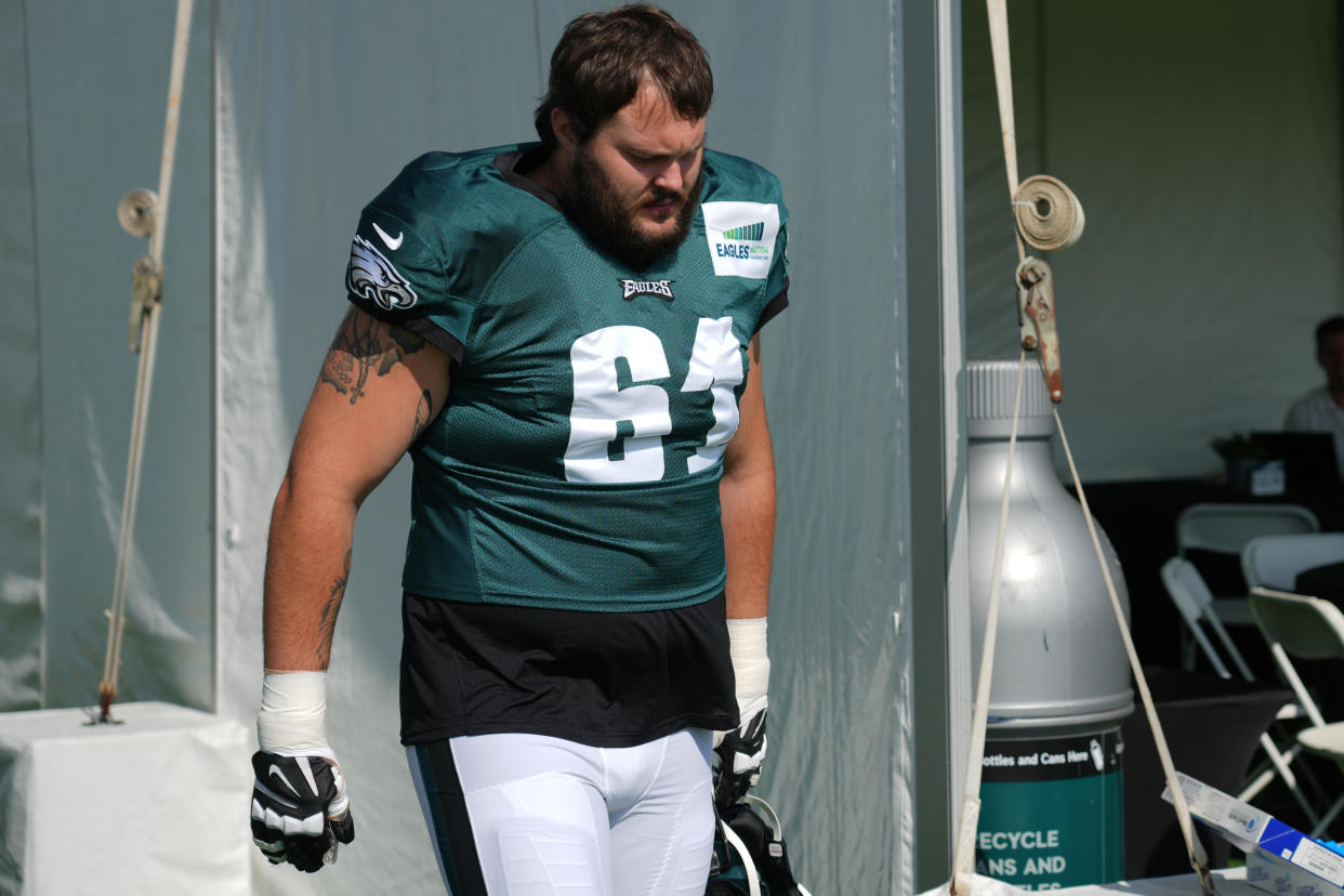 PHILADELPHIA, PA - AUGUST 02:Philadelphia Eagles guard Josh Sills (61) looks on during training camp on August 02, 2022, at the NovaCare Complex in Philadelphia PA.(Photo by Andy Lewis/Icon Sportswire via Getty Images)