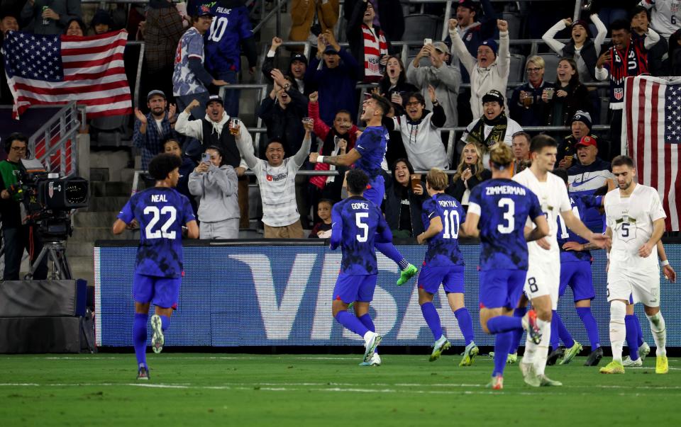 USA forward Brandon Vazquez (8) celebrates after scoring a goal.