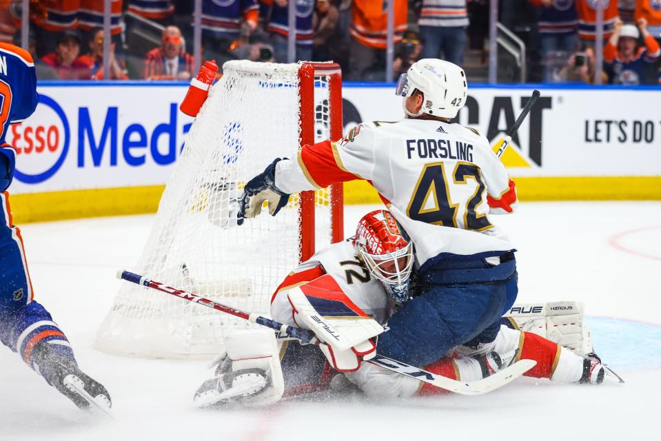 Jun 21, 2024; Edmonton, Alberta, CAN; Edmonton Oilers left wing Zach Hyman (18) scores a goal against Florida Panthers goaltender Sergei Bobrovsky (72) during the second period in game six of the 2024 Stanley Cup Final at Rogers Place. Mandatory Credit: Sergei Belski-USA TODAY Sports