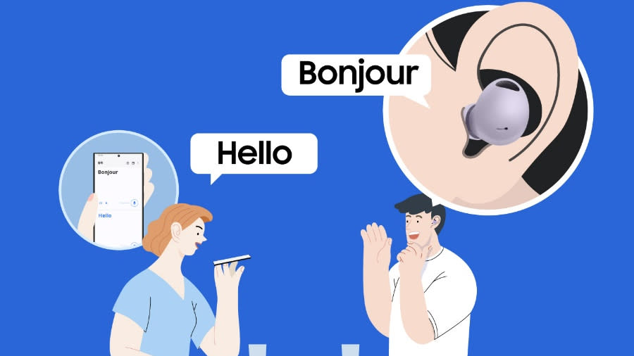  Samsung Galaxy Buds 2 Pro in a box-out, with two animated people conversing using Live Translate, on blue background. 