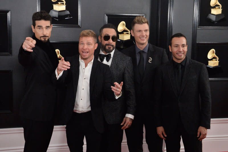 Left to right, Kevin Richardson, Brian Littrell, AJ McLean, Nick Carter and Howie Dorough arrive for the Grammy Awards held at Staples Center in Los Angeles in 2019. File Photo by Jim Ruymen/UPI