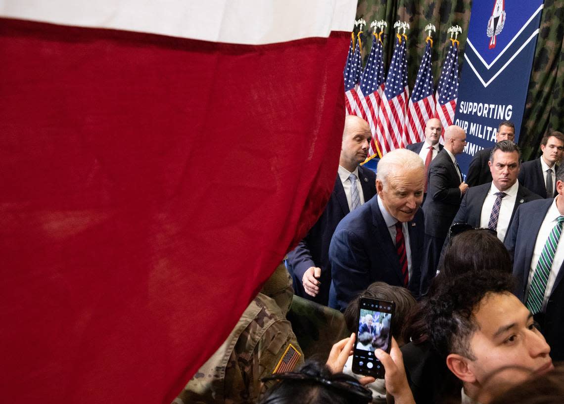 President Joe Biden greets service members and families after an event in support of Joining Forces at Fort Liberty in Fayetteville, N.C. on Friday, June 9, 2023. Biden also signed an executive order to support military and veteran communities.