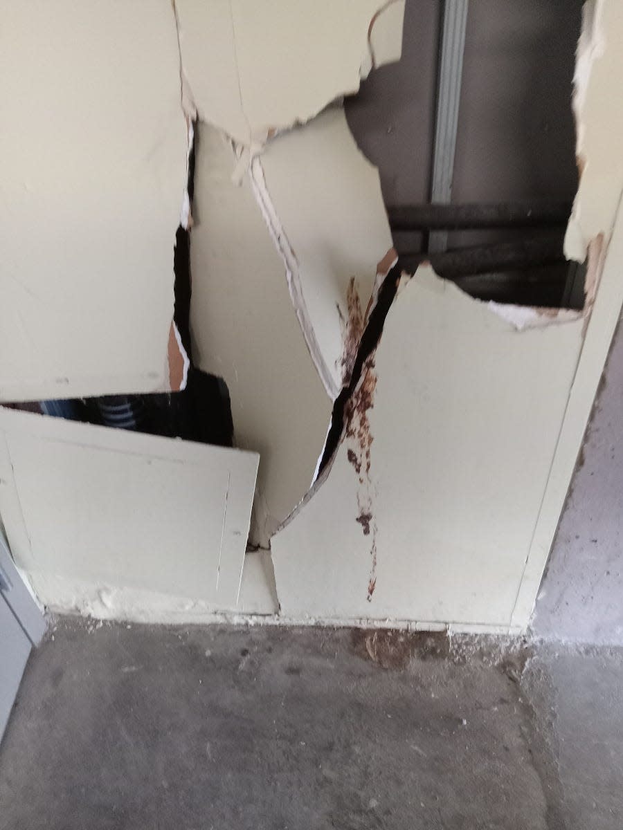 A Lugar Tower tenant, Sandra Barnes, said she took this photo on April 27, 2023, depicting a wall on the sixth floor of the apartment covered in feces for months, she said. She is one of five tenants that filed a legal complaint against the Indianapolis Housing Agency over bad living conditions.