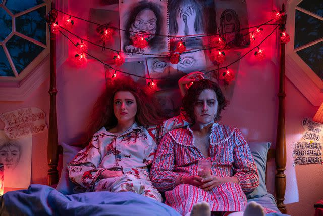 <p>Michele K. Short/FOCUS FEATURES</p> Kathryn Newton and Cole Sprouse in "Lisa Frankenstein"