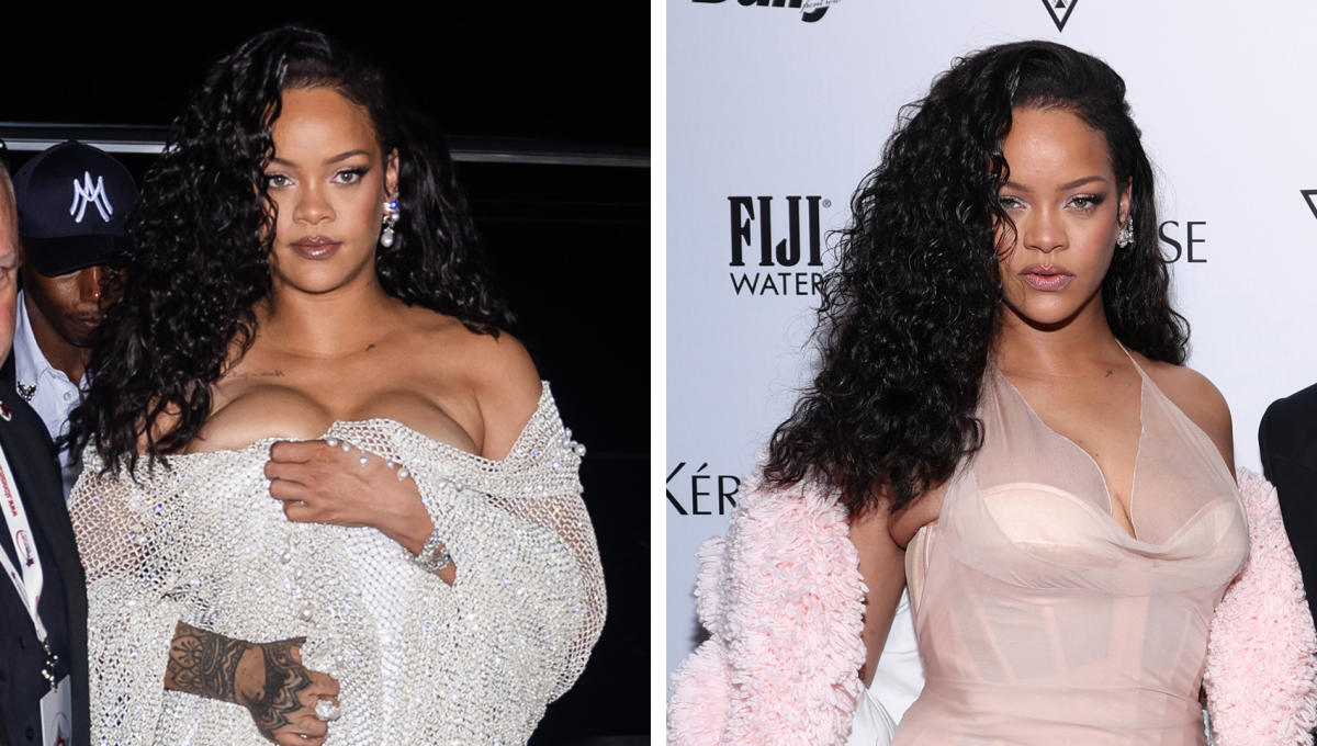 Rihanna’s on the ‘Search for a Thrill’ in Draped Courrèges Dress With Shearling Alaïa Coat, Sparkles in Mesh for New York Fashion Week Show