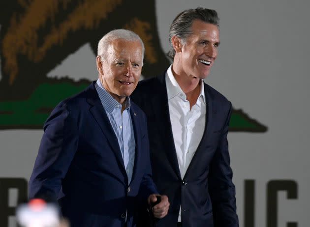 President Joe Biden and Governor Gavin Newsom enter the stage at Long Beach City College on the final day of campaigning against the recall in Long Beach on Monday, September 13, 2021. (Photo: Photo by Brittany Murray/MediaNews Group/Long Beach Press-Telegram via Getty Images)