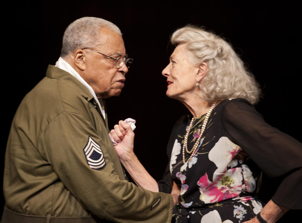 This image released by the Old Vic theatre on Friday Sept. 20, 2013, shows actors James Earl Jones and Vanessa Redgrave in a production of William Shakespeare's 'Much Ado About Nothing', at the Old Vic in London. Vanessa Redgrave, 76, and James Earl Jones, 82, star as the sparring lovers Beatrice and Benedick, two resolute singletons forced to admit their love for each other. Redgrave and Jones are much older than actors who normally play the Bard's bickering duo. (AP Photo/Simon Annand)