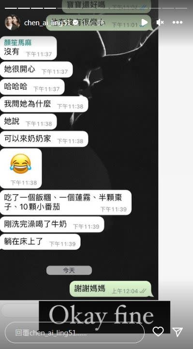 女兒沒能去香港意外很開心，陳艾琳傻眼「Okay fine」。（圖／翻攝自陳艾琳IG）