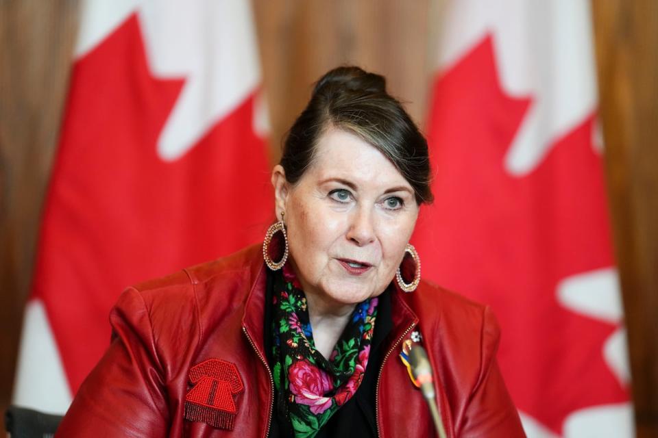 Manitoba Sen. Marilou McPhedran is seen at an April 2022 press conference on Parliament Hill.