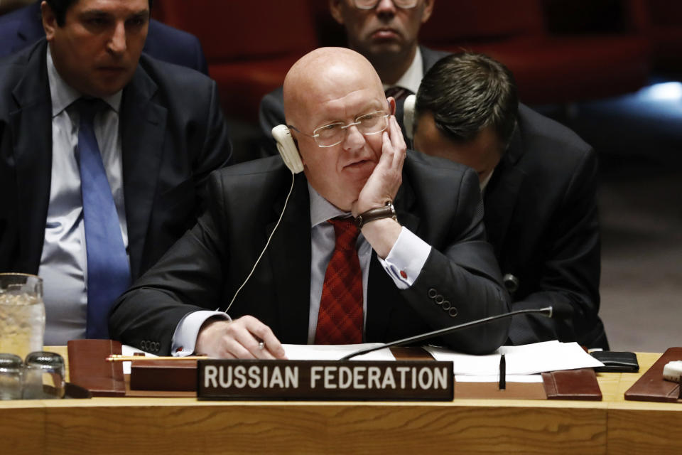 FILE - In this Sept. 17, 2018, file photo, Russia's U.N. Ambassador Vassily Nebenzia listens to remarks in a meeting of the United Nations Security Council, at U.N. headquarters. Russia has previewed a showdown with the United Nations, United States and Western nations Wednesday, June 23, 2021, over the delivery of humanitarian aid to rebel-held northwest Syria from Turkey. Russia's U.N. Ambassador Vassily Nebenzia rejected their warnings that closing the only border crossing will leave more than 1 million people without desperately needed food and cause people to die because they lack medicine. (AP Photo/Richard Drew, File)