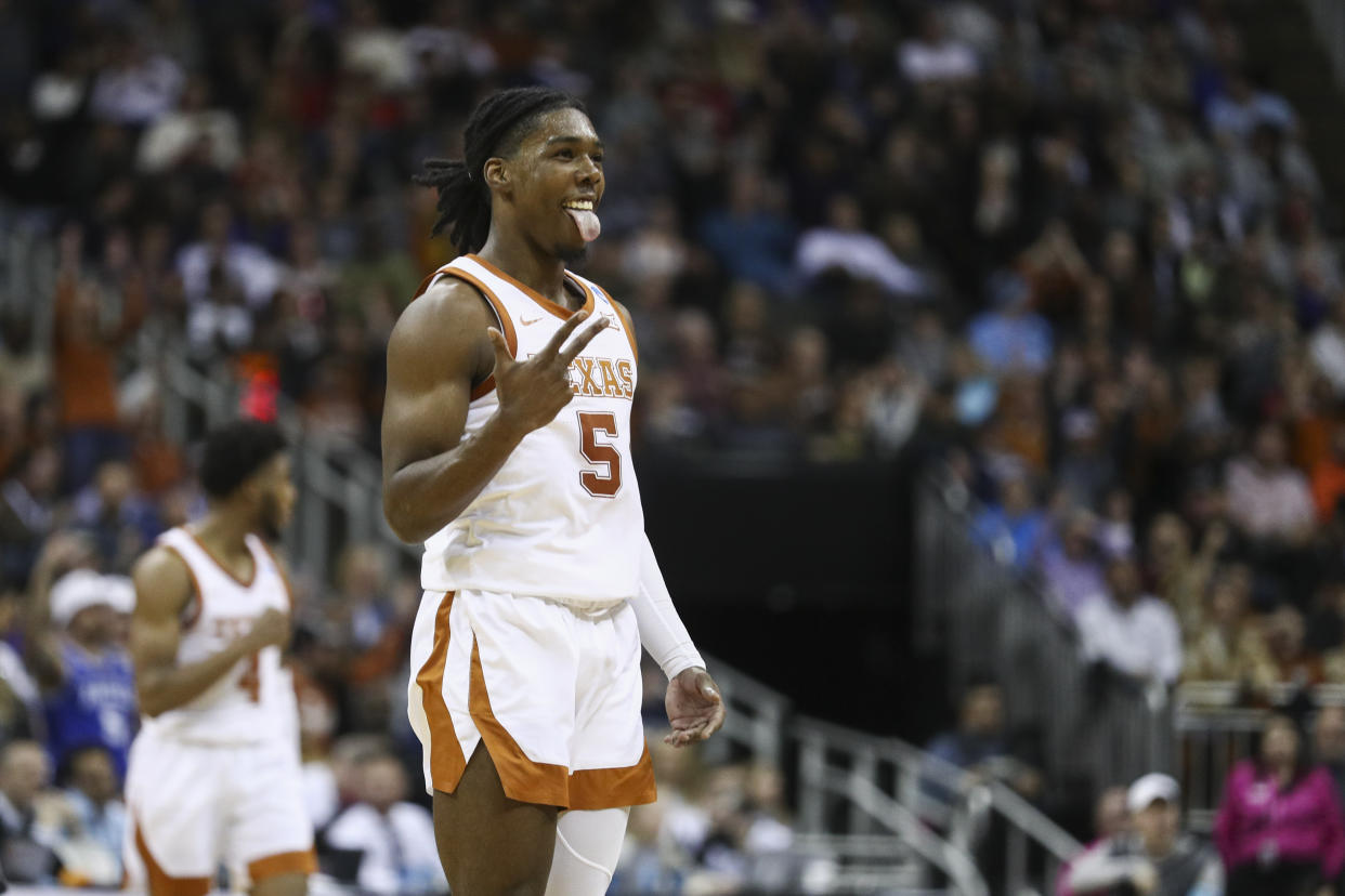 Marcus Carr (5) and Texas are headed to the Elite Eight after running past Xavier in the Sweet 16 on Friday in Kansas City, Mo. (William Purnell-USA TODAY Sports)