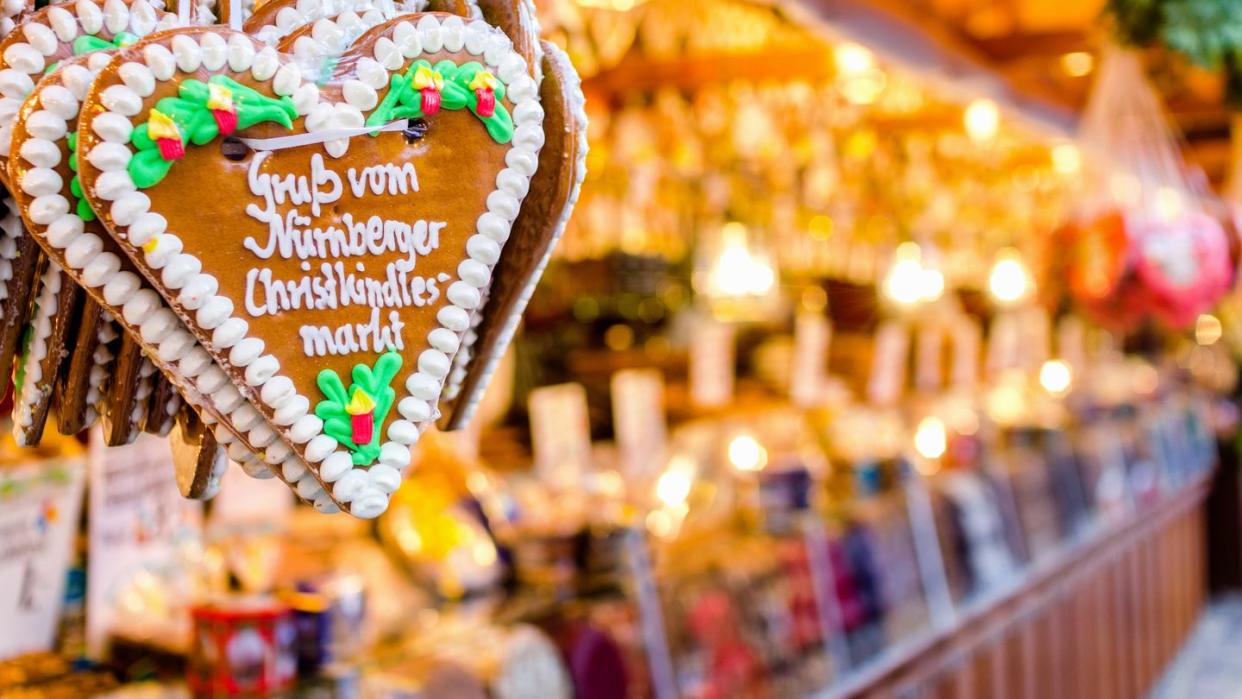 christmas market stall and gingerbread heart