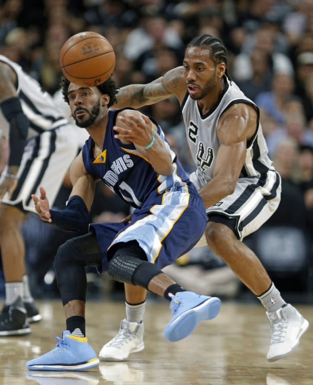 Kawhi Leonard (R) of the San Antonio Spurs attempts to steal the ball from Mike Conley of the Memphis Grizzlies in Game One of the Western Conference quarter-finals during the 2017 NBA Playoffs, at AT&T Center in San Antonio, on April 15