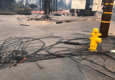 FILE PHOTO: Downed power and utility lines are scattered on pavement following the deadly Camp Fire in Paradise, California, U.S., November 12, 2018. REUTERS/Sharon Bernstein