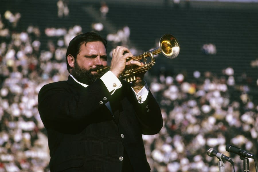 Jazz trumpeter Al Hirt plays the national anthem prior to the start of Super Bowl I on January 15, 1967, between the Kansas City Chiefs and the Green Bay Packers at the Coliseum in Los Angeles, California. (Diamond Images/Getty Images)