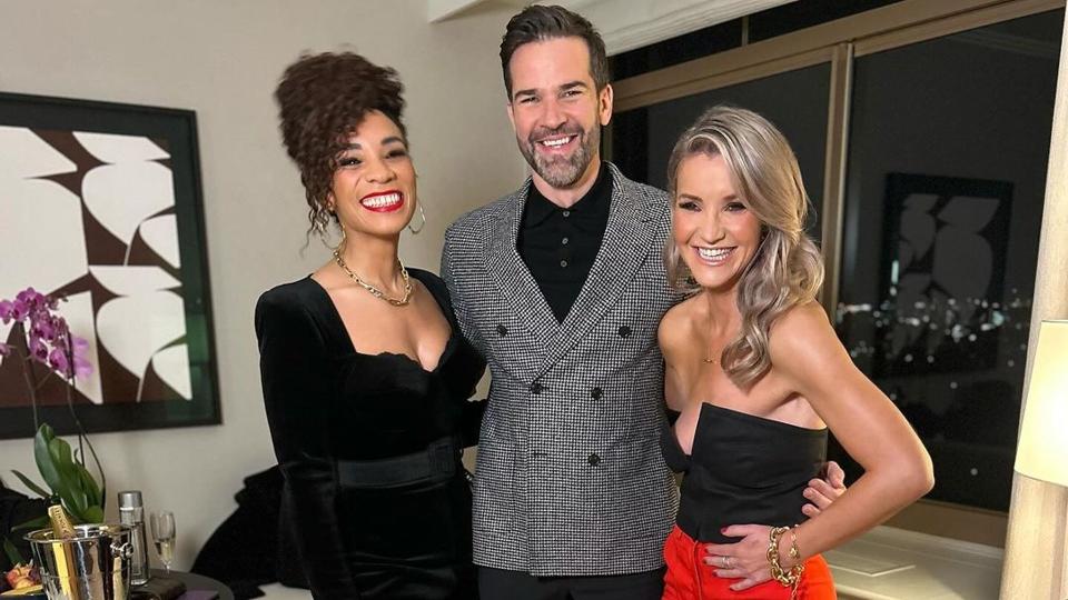 Helen Skelton posing for a photo with Gethin Jones and Michelle Ackerley