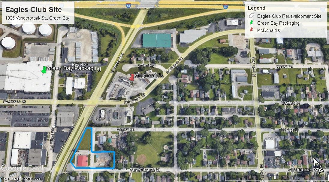 Two developers want to build 52 affordable housing units on the former Eagles Club site, outlined in blue on this overhead map, on the north side of Green Bay.