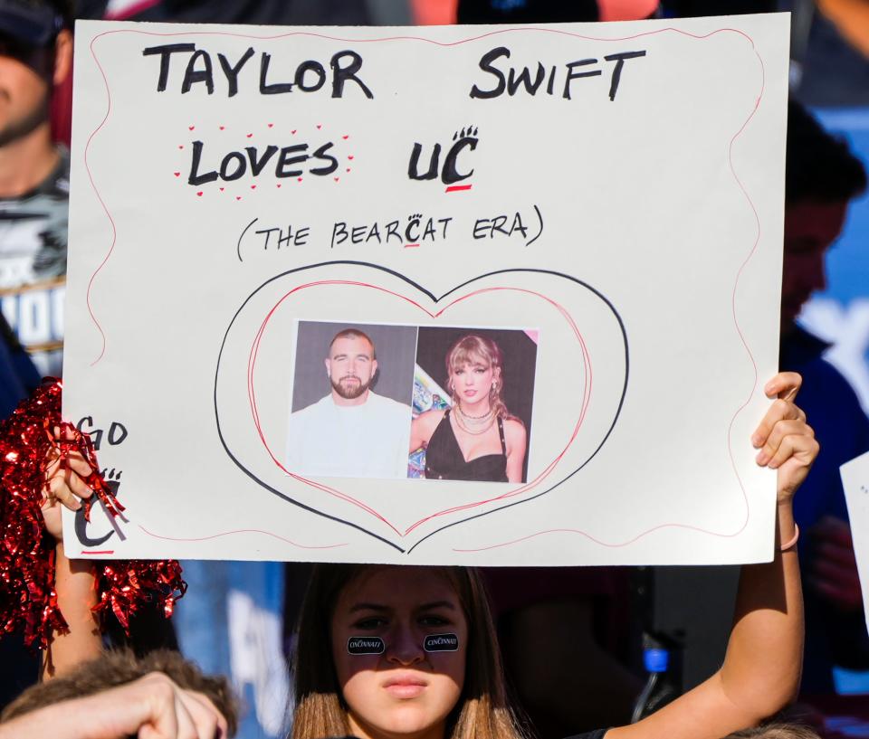 The hype around Travis Kelce and Taylor Swift reached Kelce's college campus, the University of Cincinnati, during Fox’s ‘Big Noon Kickoff Show.'