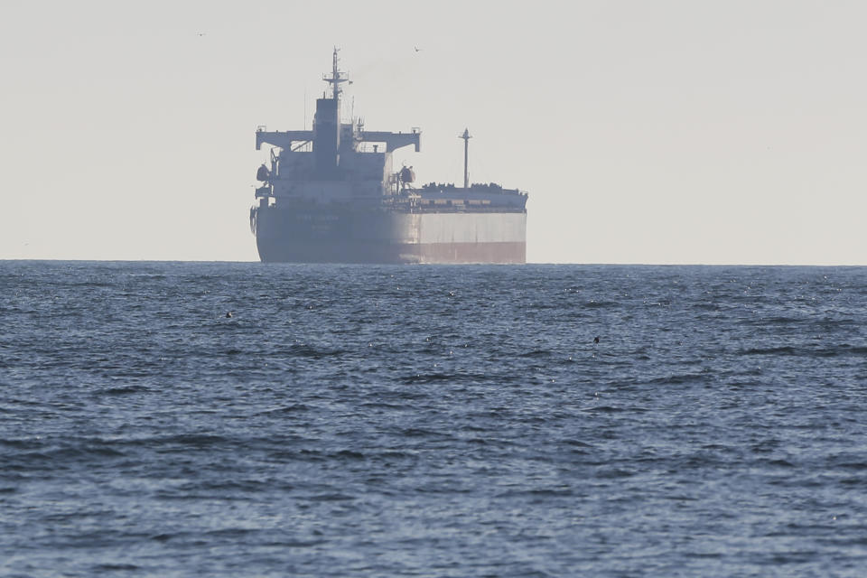 The Star Helena bulk carrier, centre, makes its way from the port in Odesa, Ukraine, Sunday, Aug. 7, 2022. According to Ukraine's Ministry of Infrastructure, the ship under the Marshall Islands' flag is carrying 45 thousand tons of Ukrainian sunflower seeds. (AP Photo/Nina Lyashonok)