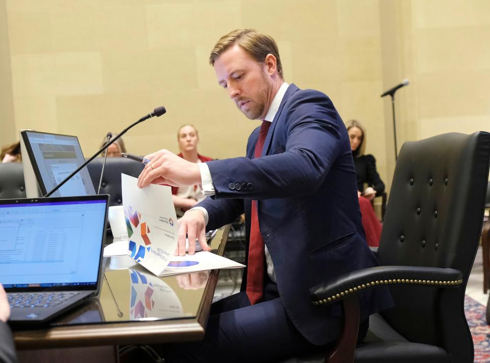 Oklahoma state schools Superintendent Ryan Walters prepares his presentation Wednesday at the House A and B subcommittee on Education at the Oklahoma Capitol.