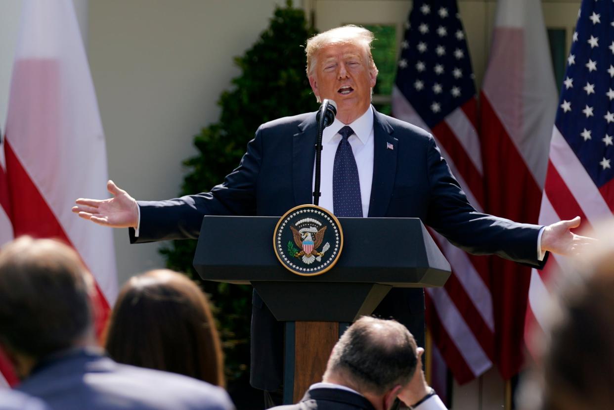 Donald Trump speaks during a news conference with Polish President Andrzej Duda in the Rose Garden of the White House: AP