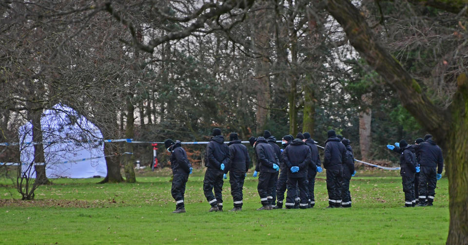 Police search teams at Brackenwood Park and Golf course, Bebington, Wirral the scene of where a baby boy was found dead.